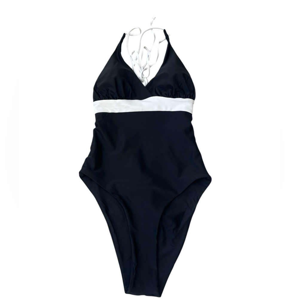 Hyperfire Black One Piece Swimsuit White Contrast Band Tummy Control Small NWT